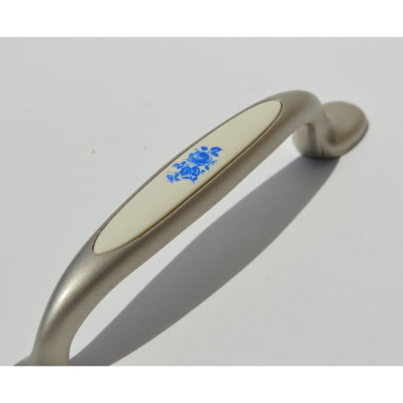 Metal-plastic furniture handle with champagne blue flower pattern, 96 mm bore size