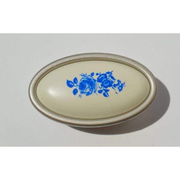 Metal-plastic furniture handle, champagne-coloured, blue flower pattern, 16 mm hole spacing