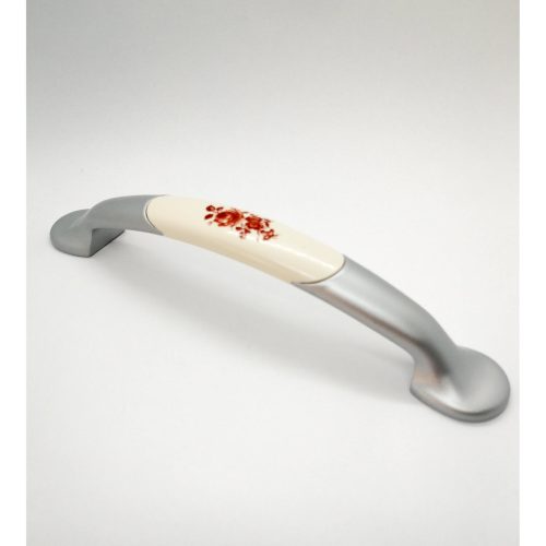 Fém-műanyag bútorfogantyú, matt króm színű, virág mintával, 128 mm furattávval