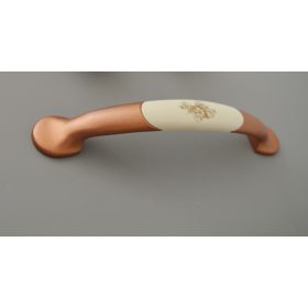   Fém-műanyag bútorfogantyú, réz színű fém, műanyag virág mintás kiegészítővel, 128 mm furattávval