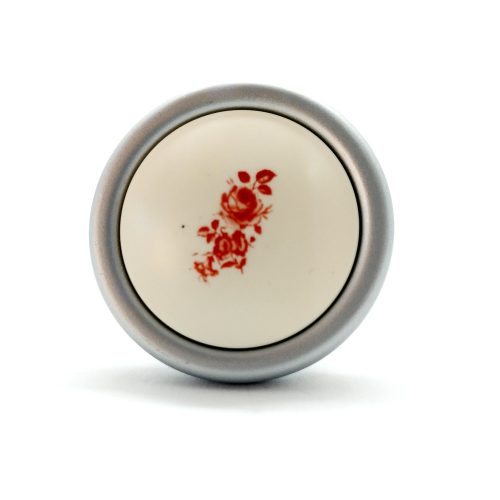 Metall-Kunststoff-Möbelknopf in mattem Chrom mit rotem Blumenmuster