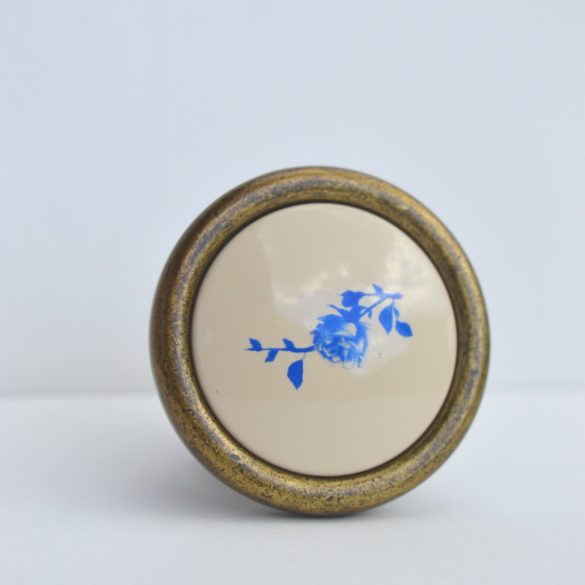 Metal-plastic furniture knob, bronze with blue flower pattern