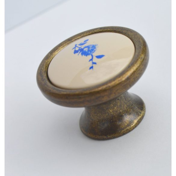 Metal-plastic furniture knob, bronze with blue flower pattern