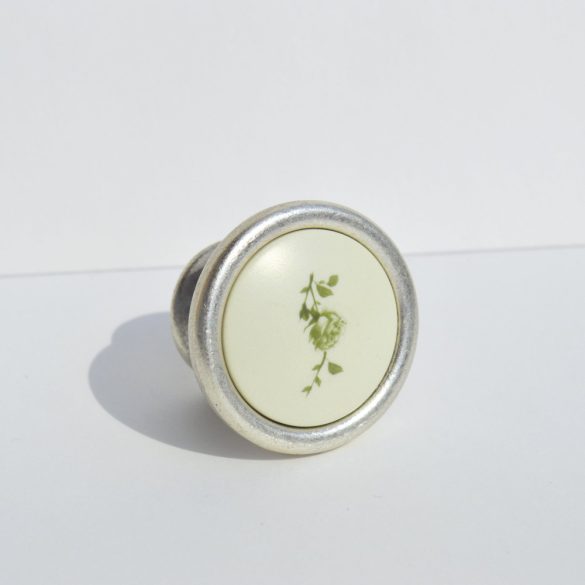 Metal-plastic furniture knob in silver nickel colour with green flower pattern