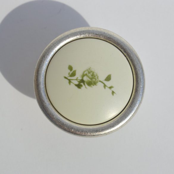 Metall-Kunststoff-Möbelknopf in der Farbe Silber-Nickel mit grünem Blumenmuster