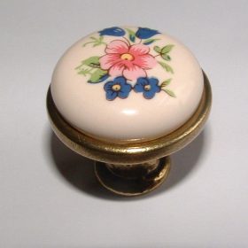   Porcelán-fém bútorgomb, fehér - bronz színű véggel, virág motívummal 
