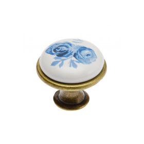   Metall-Porzellan-Möbelknauf mit Bronzesockel - blaues Blumenmotiv  