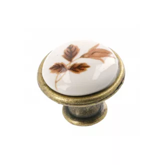   Fém-porcelán bútorgomb, bronz talp - barna virág motívummal 
