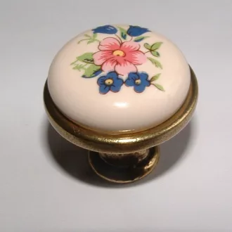 Porzellan-Möbelknopf, weiß - Bronzeende mit Blumenmotiv 