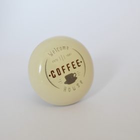   Porcelán bútorgomb, bézs színű, bronz véggel, COFFEE felirattal