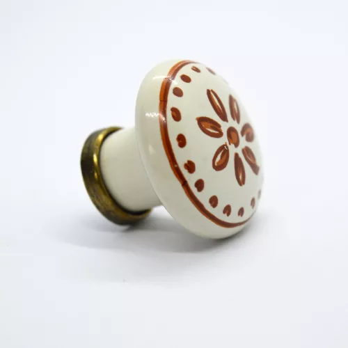 MÖBELGRIFF AUS PORZELLAN MIT KNÖPFEN, BEIGEFARBENES PORZELLAN - BRAUNES BLUMENMUSTER, SOCKEL AUS BRONZE