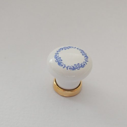 Fém-porcelán bútorgomb, fényes arany - fehér színű, kék motívummal