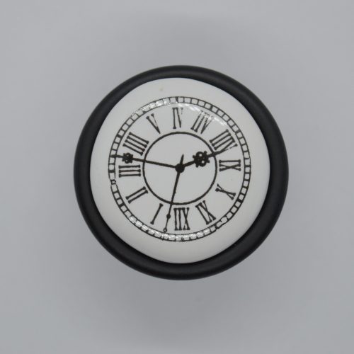 Mattschwarzes Metall - weißer Porzellan-Möbelknopf mit Uhrenmotiv