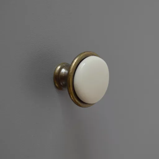 Fém-porcelán bútorgomb, bronz talp - törtfehér porcelán színű