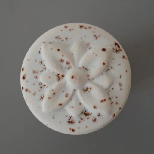 Fém-porcelán bútorgomb, fehér rozsdás hatású, bronz talprésszel, virág formájú