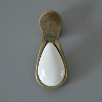   Fém-porcelán bútorgomb, antik bronz (fém) és fehér (porcelán) színű, csepp formájú