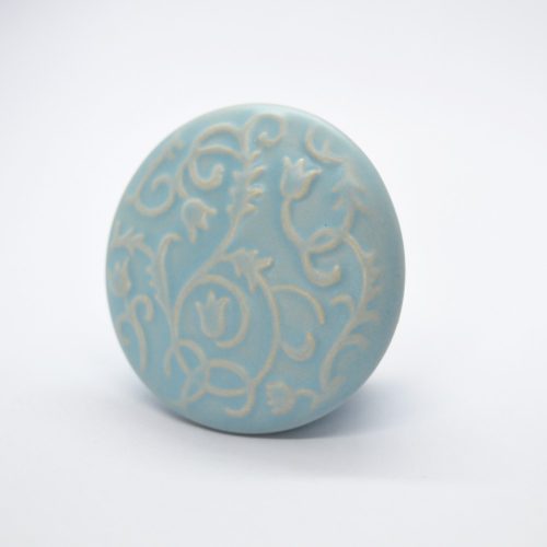 Porcelán bútorgomb, kék színű, nyomott tulipános mintával