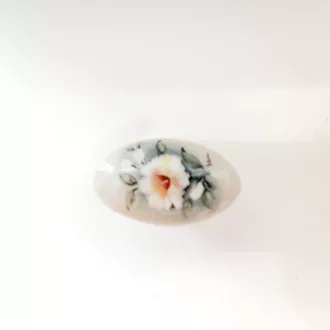   Fém-porcelán bútorgomb, ovális, arany - elefántcsont színű, virág motívummal