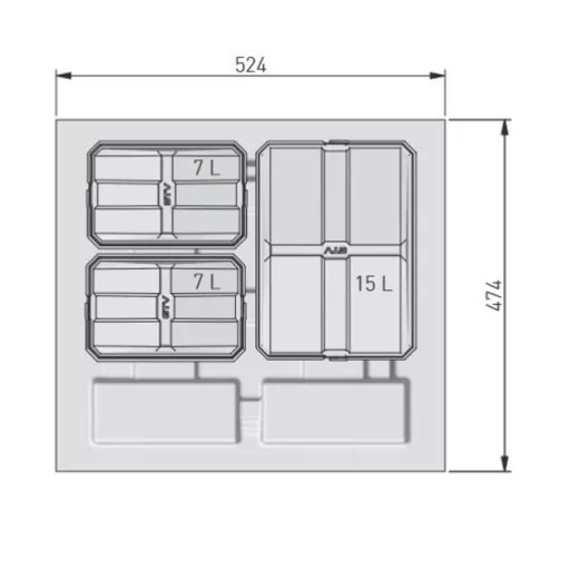 AxiSpace 600 mm, Beépíthető szelektív hulladékgyűjtő, 3 tartályos, fedelekkel