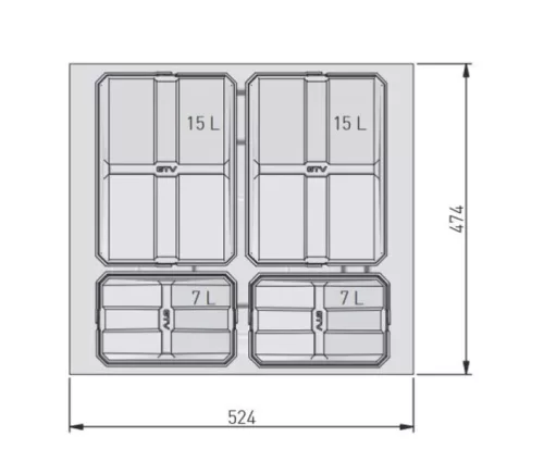 AxiSpace 600 mm, Integrierter Trennmüllbehälter, 4 Behälter, 2x15L és 2x7L  mit Deckeln