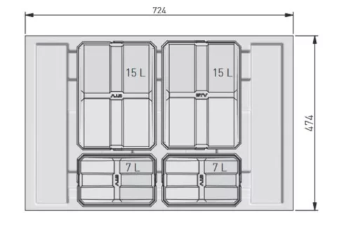 AxiSpace 800 mm, Integrierter Trennmüllbehälter, 4 Behälter, 2x15L és 2x7L  mit Deckeln