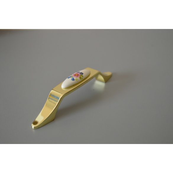 Porzellan - Möbelgriff aus Metall mit elfenbeinfarbenem Porzellan - Goldende, farbiges Blumenmotiv, 96 mm Bohrung, Klasse 2