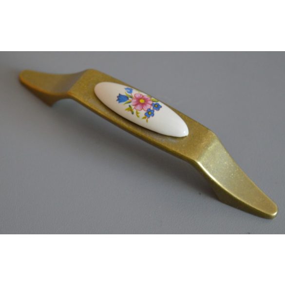 Porzellan - Möbelgriff aus Metall mit elfenbeinfarbenem Porzellan - vergoldetes Ende, farbiges Blumenmotiv, 96 mm Bohrung