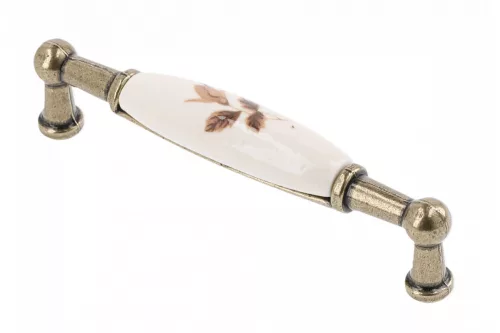 Porcelán-fém bútorfogantyú, antik bronz-barna virággal, 96 mm furattávval