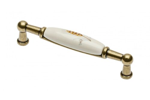 Porcelán-fém bútorfogantyú, antik bronz-búzakalász motívummal , 96 mm furattávval