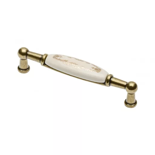 Porcelán-fém bútorfogantyú, antik bronz- arany mintával  96 mm furattávval