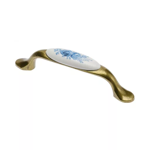 Porcelán-fém bútorfogantyú, bronz - kék virág motívummal, 96 mm furattávval