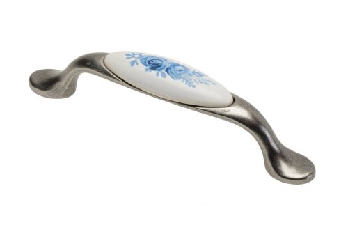 Porzellan-Metall-Möbelgriff, antikes Silber-blue Blumenmotiv, Bohrung 96 mm