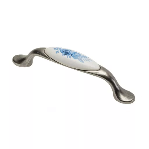 Porcelán-fém bútorfogantyú, antik ezüst - kék virág motívummal, 96 mm furattávval