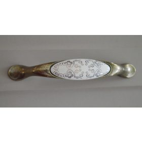   Porcelán-fém bútorfogantyú, bronz - arany motívummal, 96 mm furattávval