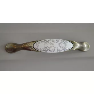   Porcelán-fém bútorfogantyú, bronz - arany motívummal, 96 mm furattávval