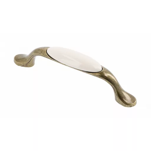 Porcelán-fém bútorfogantyú, bronz - tört fehér porcelán résszel, 96 mm furattávval