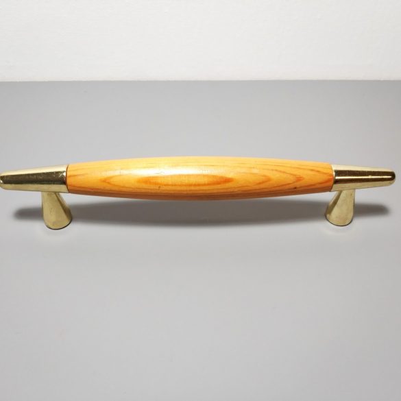 Fém-fa bútorfogantyú, pácolt fenyő - arany fém végekkel, 128 mm furattávval