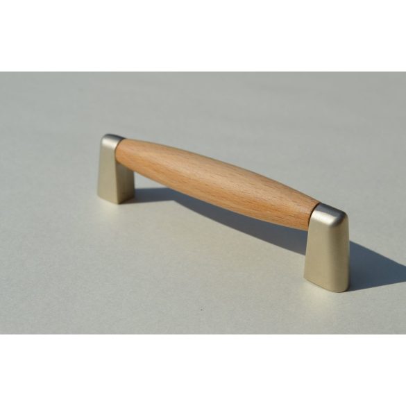 Metal-wood furniture handle in matt nickel colour with beech wood inlay