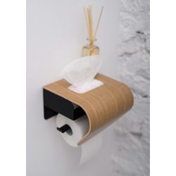   Custom designed toilet paper holder , lacquered oak, bent plywood