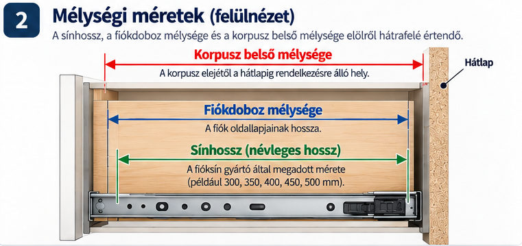 A korpusz belső mélységének, a fiókdoboz mélységének és a fióksín névleges hosszának külön mérési helye