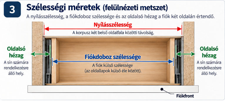 Korpusznyílás és fiókdoboz külső szélessége, a két oldalon rendelkezésre álló szerelési hézag